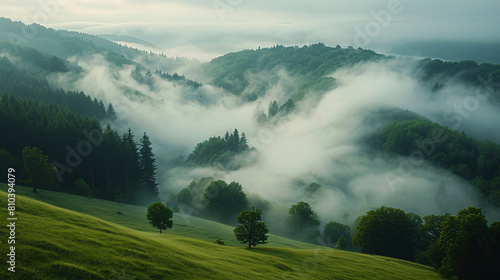 A fog-filled valley in a rural spring landscape.