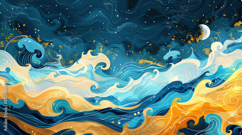 Magical ocean waves art painting. Unique blue and gold wavy swirls of magic water. Fairytale navy and yellow sea waves. kids nursery cartoon illustration 