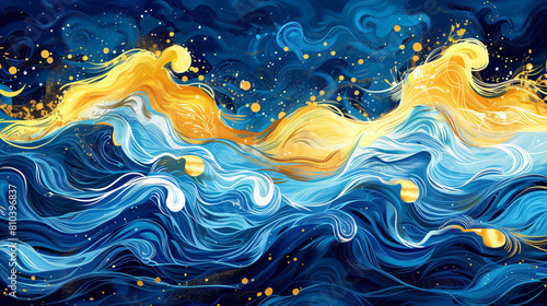 Magical ocean waves art painting. Unique blue and gold wavy swirls of magic water. Fairytale navy and yellow sea waves. kids nursery cartoon illustration 