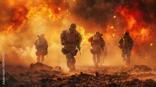 Desert Warriors: Special Forces Cross Warzone Amidst Fire & Smoke - Wide Poster Design with Copy Space