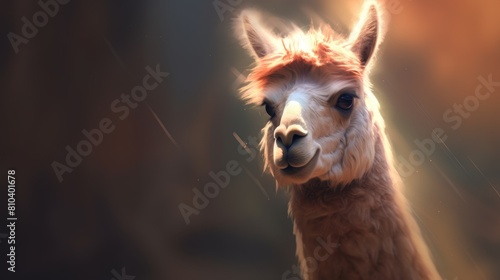 Majestic llama with fluffy fur in dramatic lighting