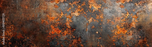 Rustic Industrial Grunge Texture: Aged Metal and Stone Wall/Floor Background in Dark Brown and Orange Rusty Tones - Panoramic Banner for Industry Use
