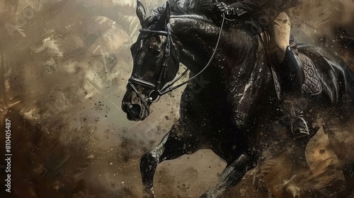 Vibrant close-up of a black horse in a dusty arena, shimmering coat highlighted with rider gripping reins firmly