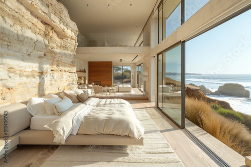 Expansive Coastal Retreat Featuring Modern Minimalist Design with Natural Materials and Warm Afternoon Sunlight