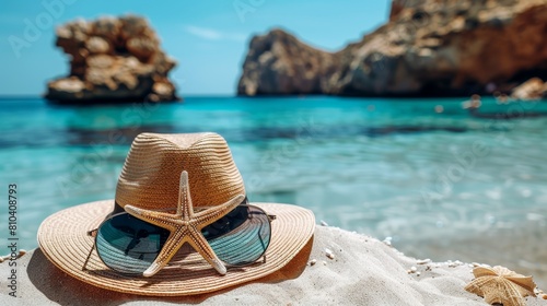 A tranquil beach scene with a straw hat, sunglasses, and starfish on pristine sands overlooking a calm turquoise sea framed by rugged cliffs