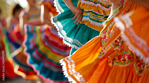 close up mexican dancers hand in traditional costumes for celebrate Cinco de Mayo.