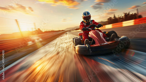 man going karting on a track at full speed with helmet in driver suit