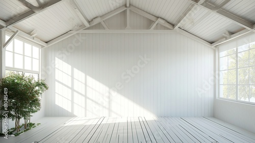plank ceilings and blank white walls, sunlight enter the room. Generative Ai