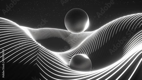 White and black, background graphic with rotating neon toruses and sphere..