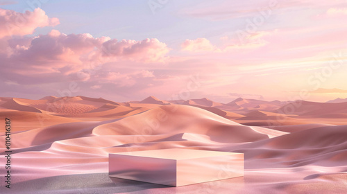 square podium with desert and sand dune sunset background for display product advertising