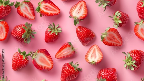 Playful arrangement of strawberry slices and whole strawberries on a bright pink pastel background, studio-lit and shot from above