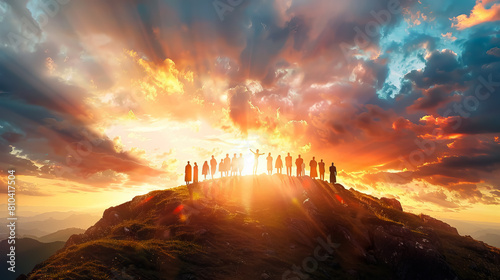 a group of believers standing on a hilltop at sunrise for Ascension Day background.