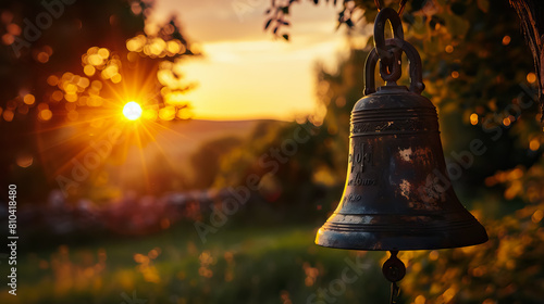 church bell ringing out across the countryside, echoing the joyous celebration of Ascension Day and calling believers to gather for worship and fellowship in honor of the risen Christ.