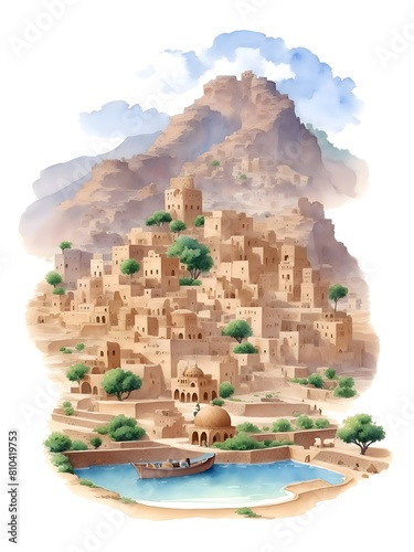 Yemen Country Landscape Watercolor Illustration Art
