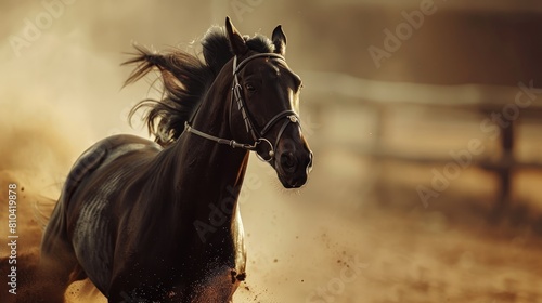 Intense close-up of a black horse galloping in the arena, its shimmering coat and taut reins capturing attention in the dusty air