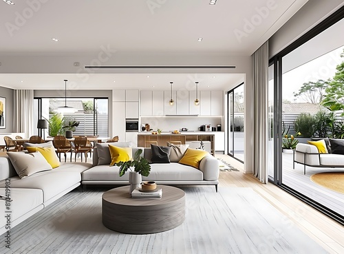 Beautiful modern open plan living room and dining area in an Australian home with sliding doors to the backyard