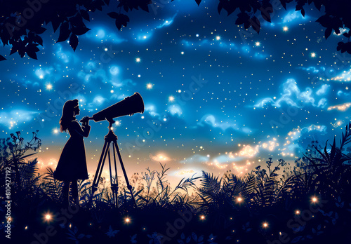 Girl Stargazing with Telescope at Night.