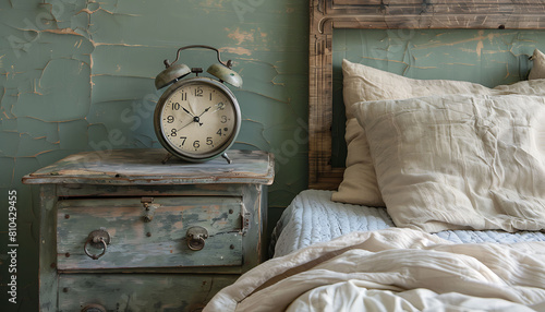 Vintage alarm clock on weathered nightstand beside rustic bed