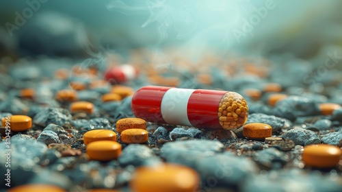 A pill is on the ground next to many other pills for World No Tobacco Day