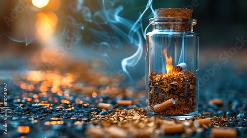 A jar of cigarettes is lit on fire, with smoke billowing out of it for World No Tobacco Day