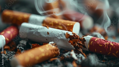 A pile of cigarette butts and smoke on the ground for World No Tobacco Day