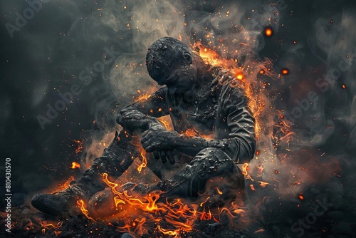 A soldier sits on the ground, his body burned and his eyes full of pain