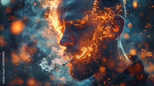 A man smokes a cigarette while his face is covered in fire for World No Tobacco Day
