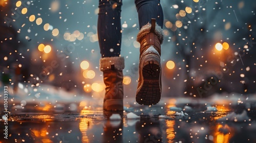 A closeup of the woman's boots as she walks along an urban street, with snowflakes falling around her. The city lights create soft reflections on the wet pavement