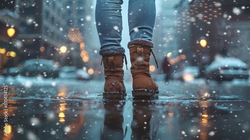 A closeup of the woman's boots as she walks along an urban street, with snowflakes falling around her. The city lights create soft reflections on the wet pavement