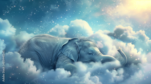 Cute little elephant sleeping on clouds 