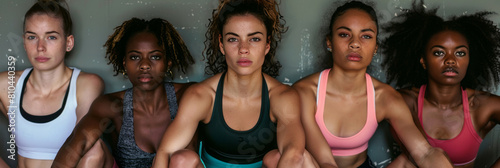 Five diverse women sit side by side in the gym, dressed in yoga pants and sportswear, looking at the camera with serious expressions.