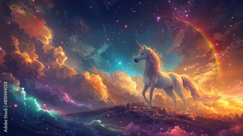A beautiful unicorn stands on a hilltop, surrounded by a sea of colorful clouds