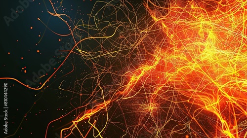 A vibrant and energetic plexus of neon orange and yellow lines forming a digital firestorm on a black background specifically arranged to leave ample room for text in the upper half