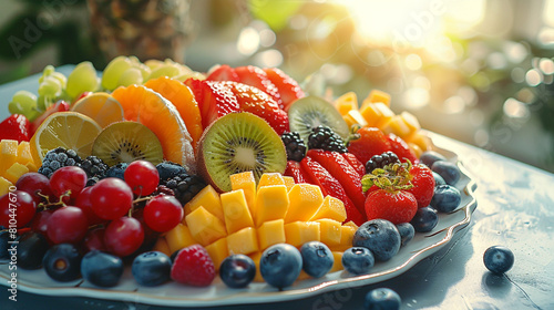 Colorful fruit platter with ample copy space.