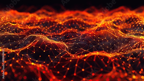A vibrant orange and red plexus network resembling digital lava flows across a black canvas specifically arranged to leave room for text in the upper third of the image