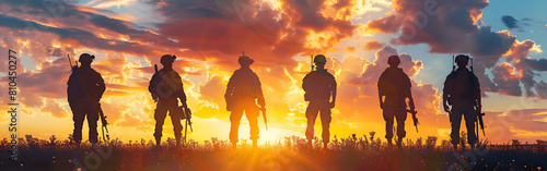 Soldiers standing together illuminated by the warm embrace of twilight clouds on a background 