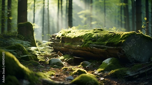 A moss-covered log stands alone in a serene forest