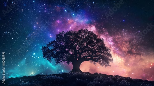majestic tree of life silhouette with starry night sky and galaxy background cosmic nature concept illustration