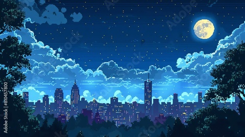 nostalgic 8bit pixel art depicting a serene night landscape with a city skyline moon and clouds