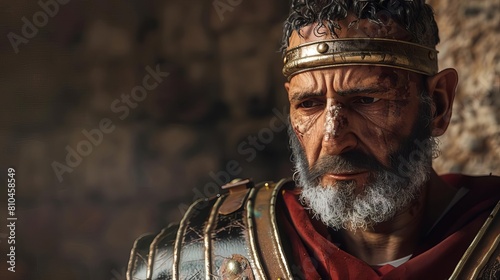 photorealistic 3d portrait of stoic roman soldier in battleworn armor historical biblical character illustration