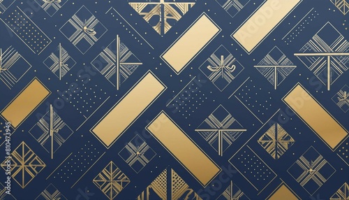 Precisely arranged Gifts form a Grid pattern. Modern Navy Blue and Gold Christmas Seasonal Background with copy-space.