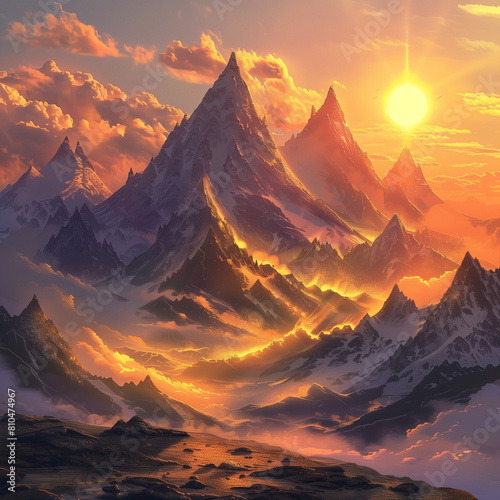  fantasy landscape, mountains in the distance, sun setting behind the mountain, fantasy art style, vibrant colors, fantasy world, fantasy scenery, fantasy background, fantasy illustration, fantasy art