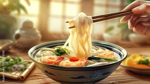 Realistic photo of Champon, champon is medium thickness white noodles served with a variety of seafood and vegetables as toppings