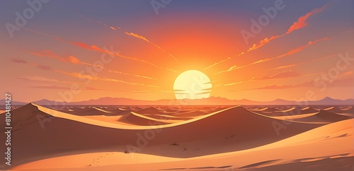 A vast desert landscape, with towering sand dunes and a blazing sun setting in the distance.