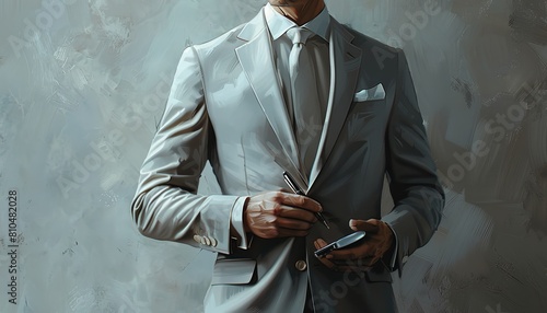 Visualize a male leader in a tailored light grey suit, torso exposed, clutching a pen