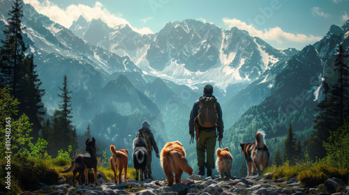 A man leads a group of dogs on a trek through a majestic mountain landscape under clear skies.