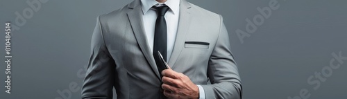 Produce an image of a male business leader in a charcoal grey suit, showing torso, with one hand on the other arm