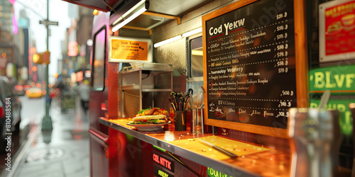 Food Truck Chef's Desk in New York: A small, mobile desk on a food truck, displaying a menu and kitchen tools, depicting the vibrant street food scene in New York City