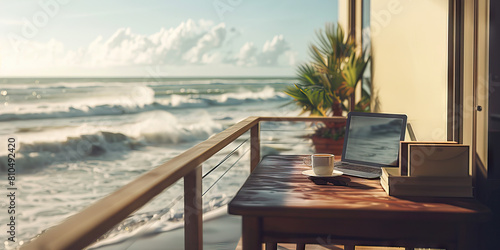 South Padre Island Serenity: A breezy desk on a seaside balcony overlooking the Gulf of Mexico, with the soft sound of waves crashing nearby.