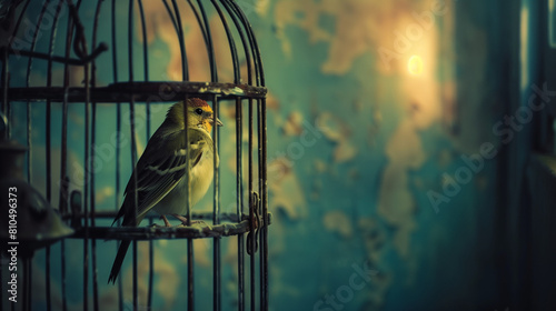 金属の金網タイプのレトロな鳥籠に鳥が止まっている部屋